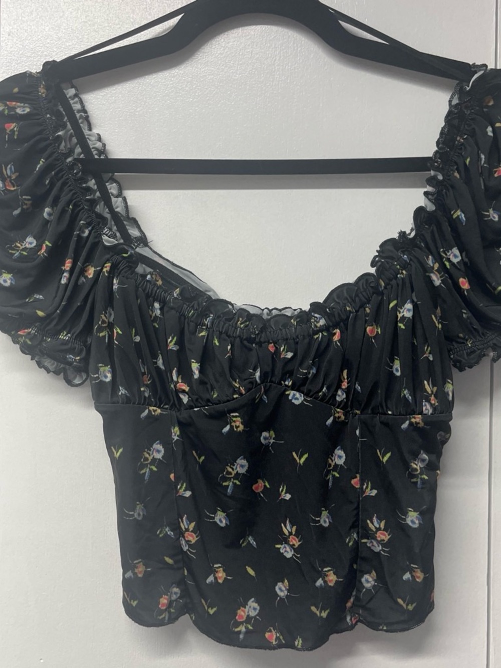 Urban Outfitters Black Floral Smocked Sleeve Top